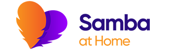 The image displays a logo with the text Sambaz above a stylized graphic, which appears to be an abstract representation of a building or structure, set against a gradient background that transitions from purple at the top to orange at the bottom.
